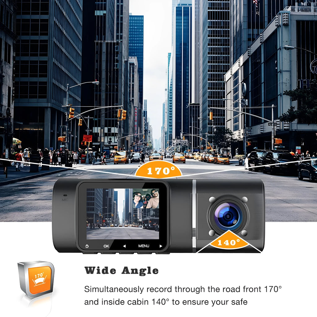 Black dual-channel car dash camera with 1.5-inch screen mounted behind rear-view mirror