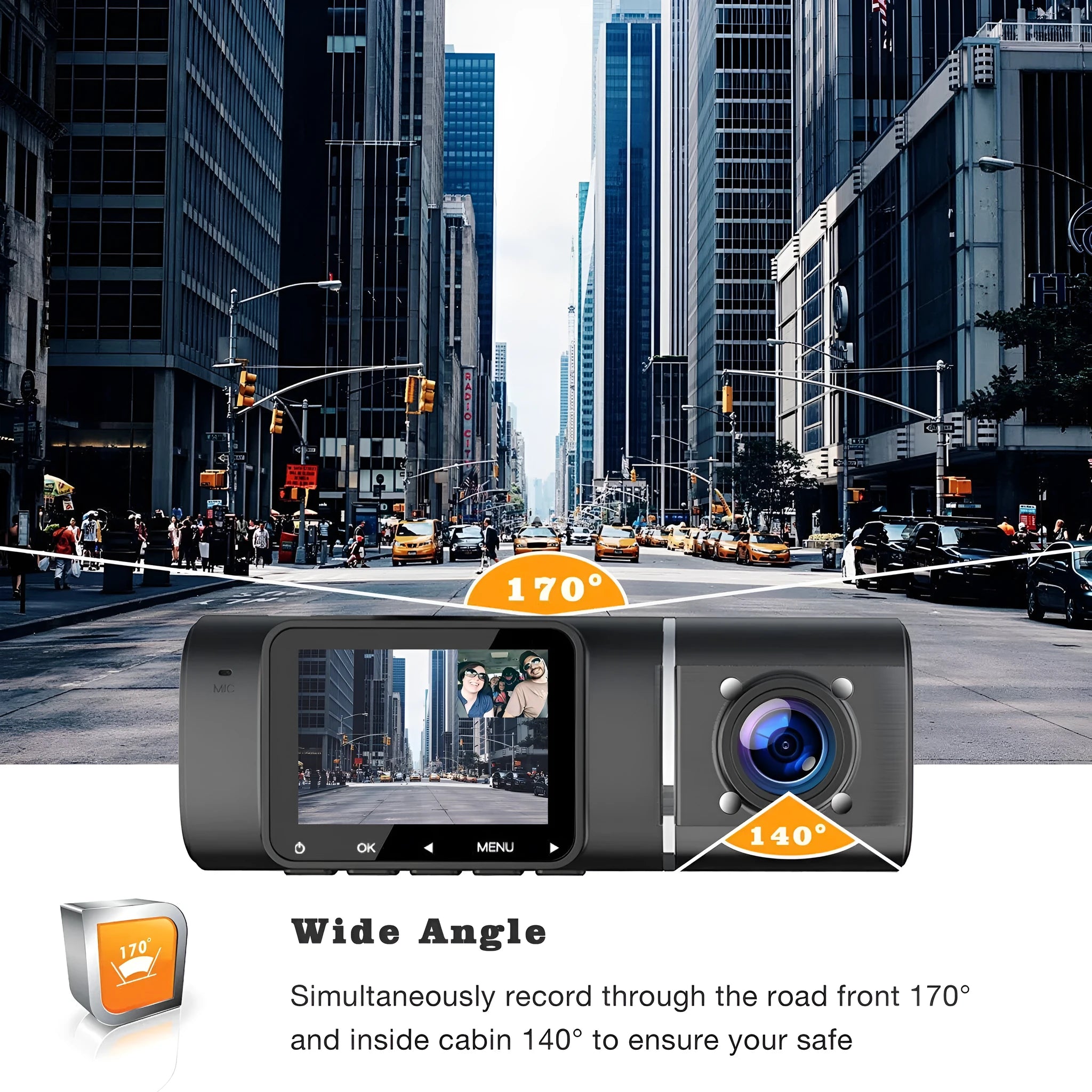 Black dual-channel car dash camera with 1.5-inch screen mounted behind rear-view mirror
