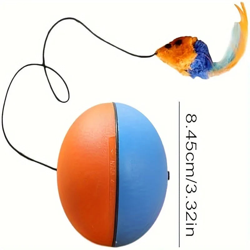 Interactive blue and orange cat toy ball with plush mouse measuring 8.5x8.5x9 cm