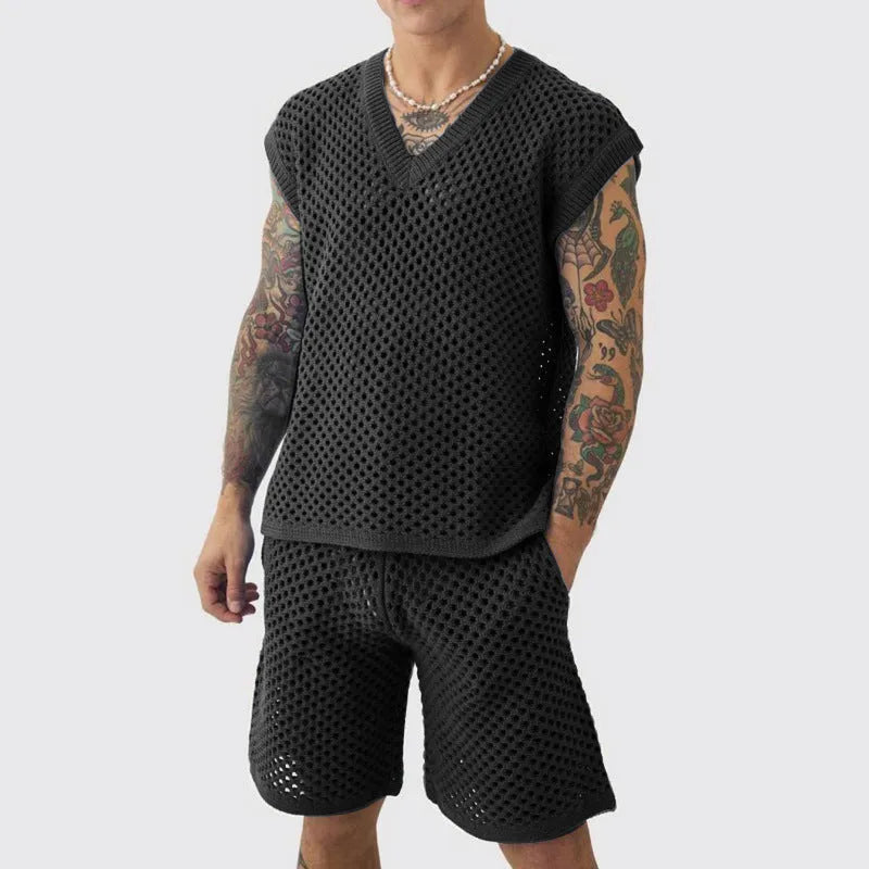 Men's blue V-neck vest and shorts suit for summer sports activities