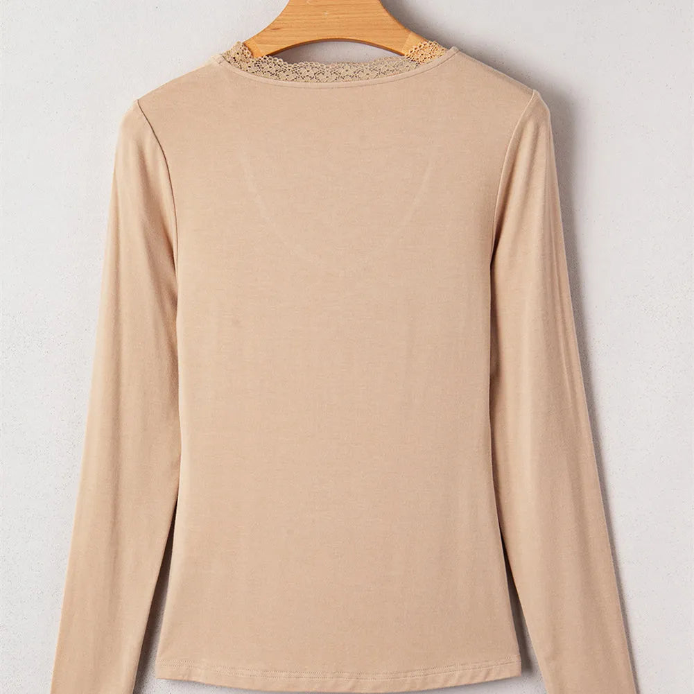 Women's red casual top with lace trim detailing and long sleeves in slim fit Japanese Korean style