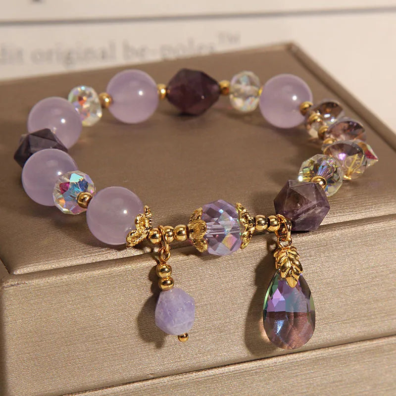 Lavender purple crystal children's bracelet with colourful water drop beads in retro purple drop design