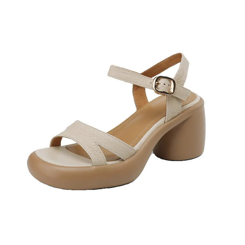 Women's open toe platform sandals in apricot colour showing round toe holder and 4.5cm rubber sole.