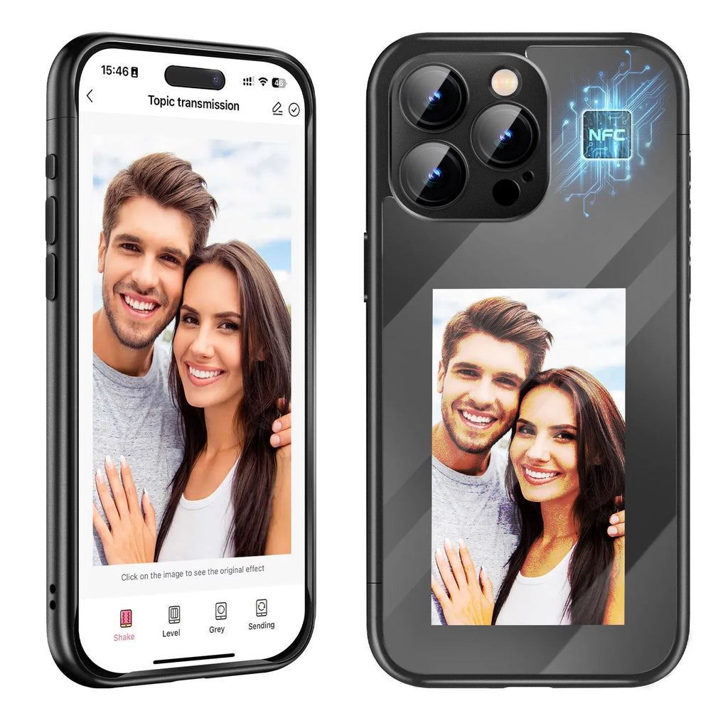 Black and Purple iPhone 15 Pro Max flip case with a customisable NFC ink screen on the front.