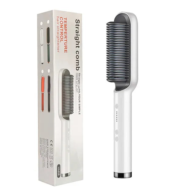 Red and black dual hair straightener and hot comb with digital display and rotating power cord.