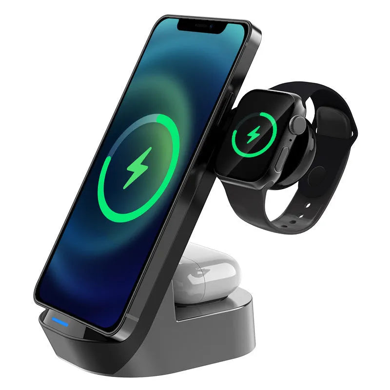 Black-grey foldable 3-in-1 wireless charger stand holding a phone vertically with a watch and earbuds charging on base.