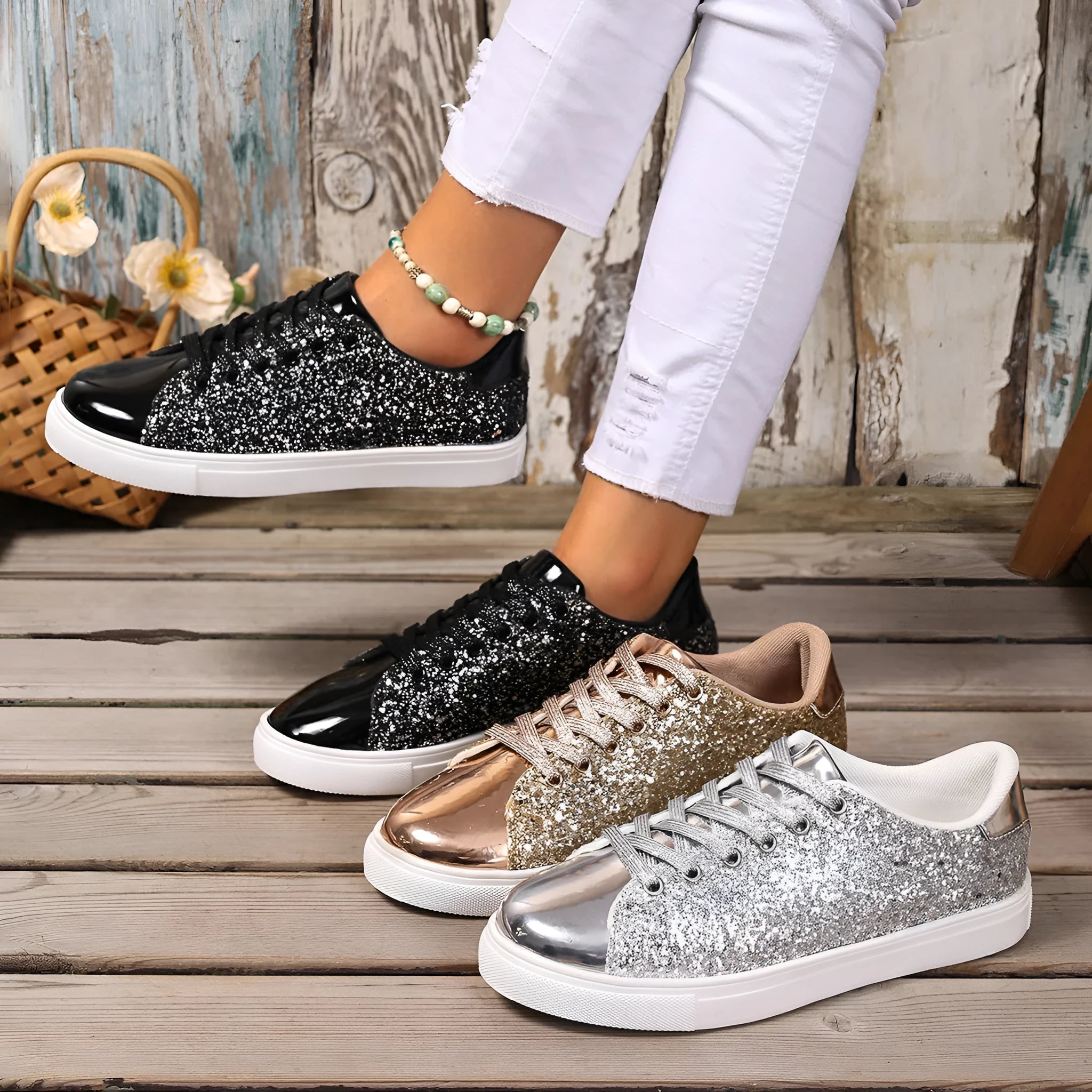 Women's plus size sequinned board shoes with front lace-up closure in black, gold, purple, and silver colour options
