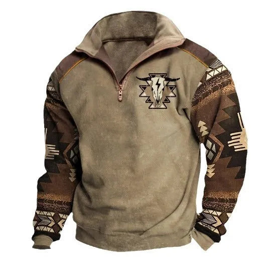 Men's digital print stand collar zip-up hoodie in loose fit, front view, no hood, long sleeves