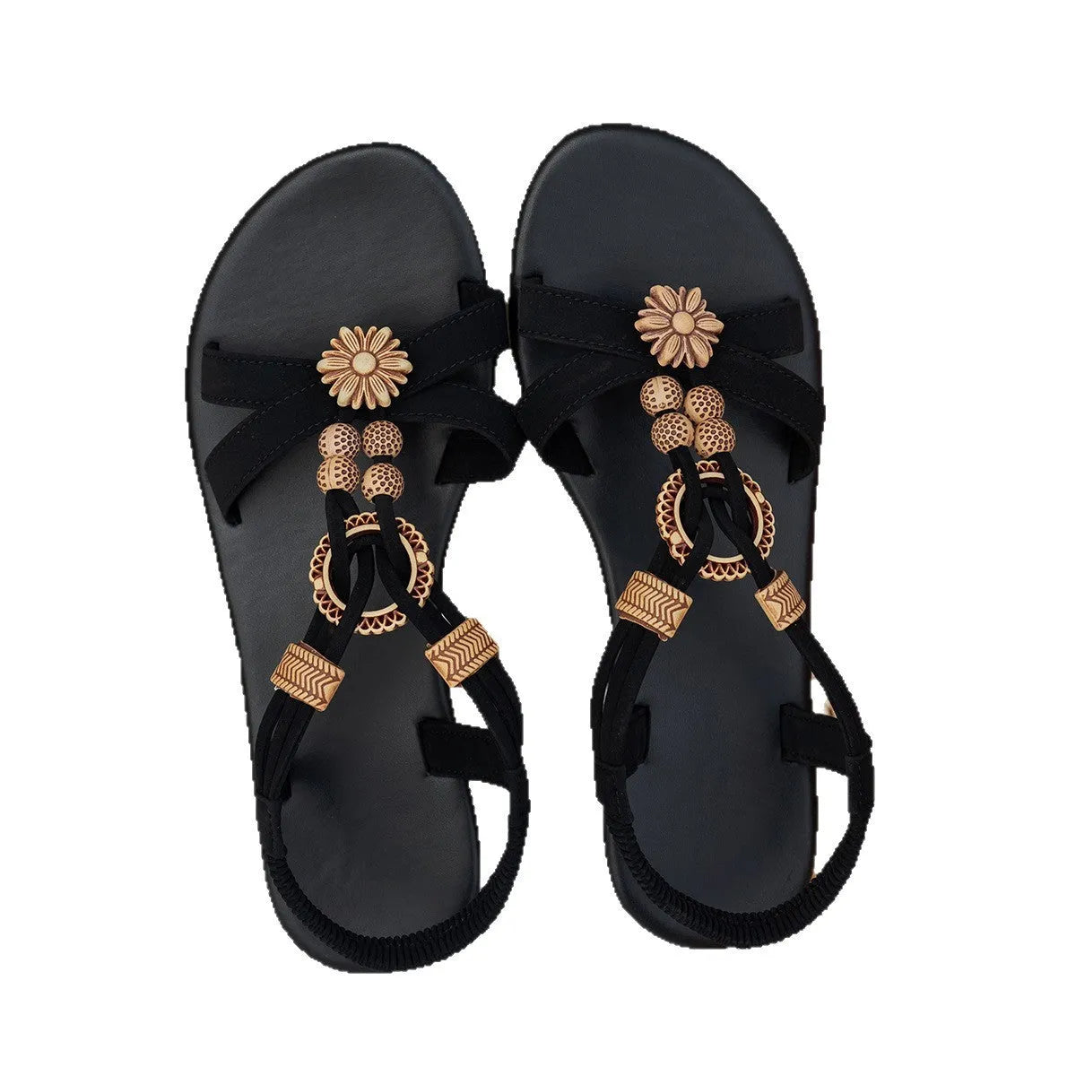 Black ethnic style flat women's sandals with beaded weave open toe and rhinestone decoration