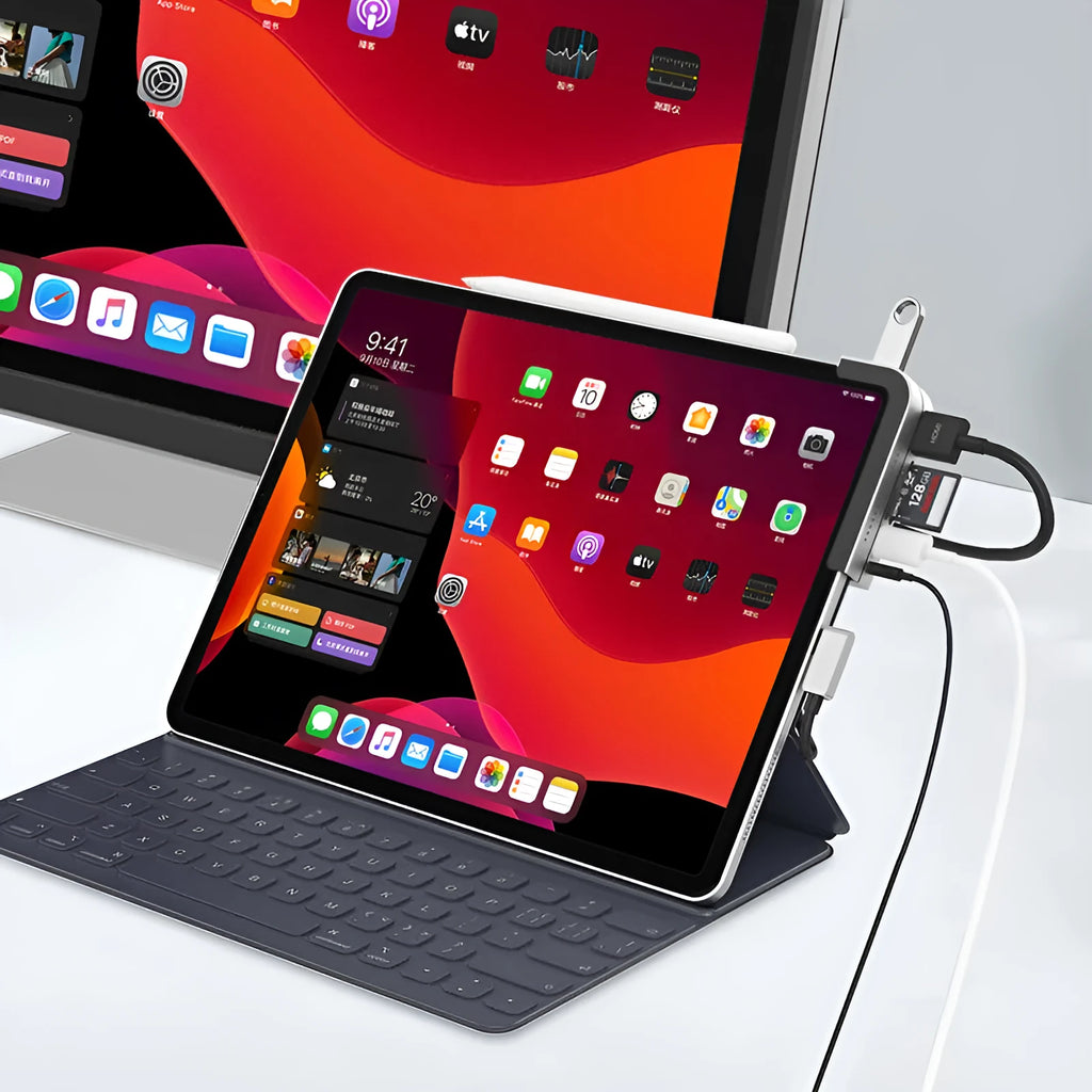 Silver aluminium grey USB-C 6-in-1 docking station for iPad Pro with HDMI port and memory card readers