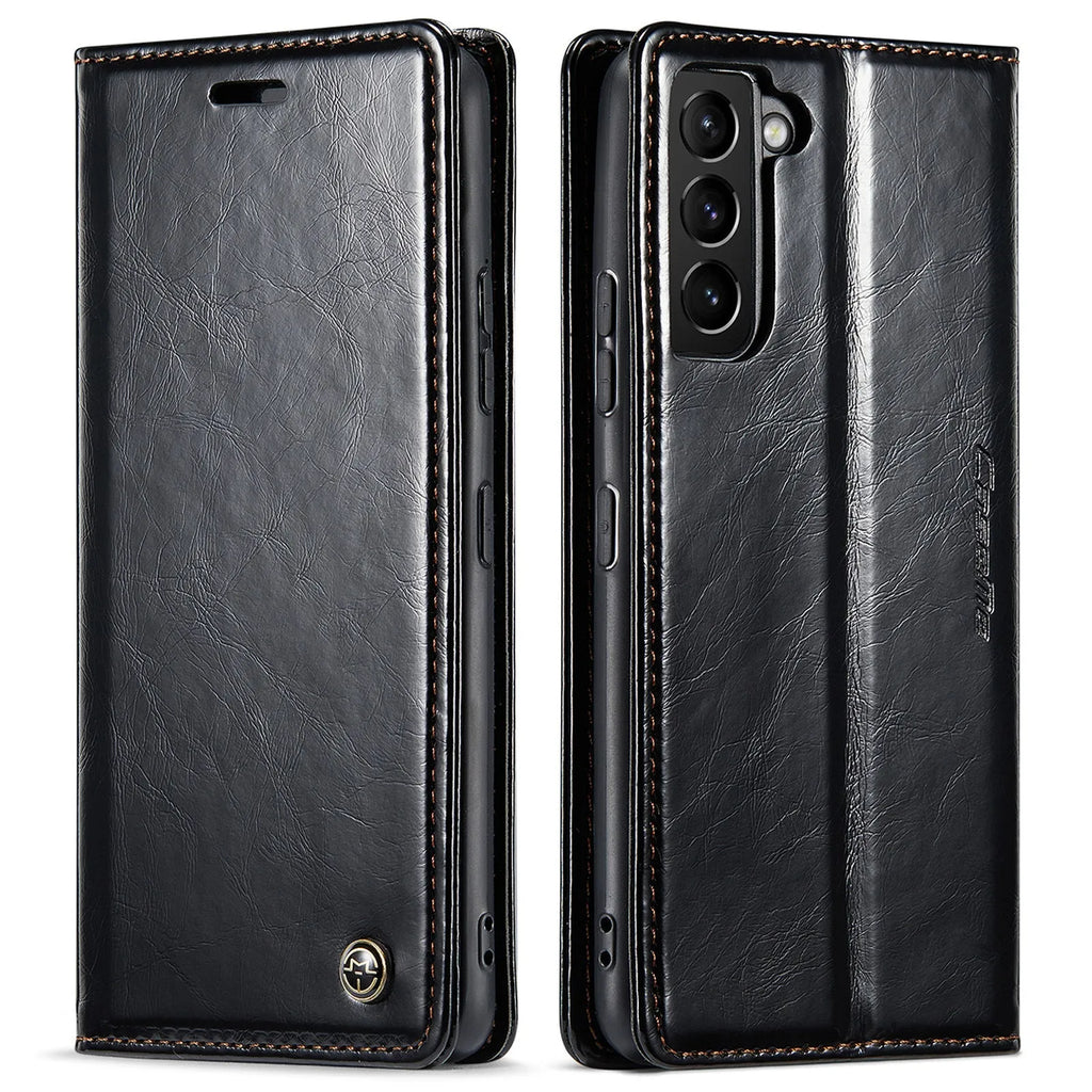 Crazy horse pattern card flip phone case for Samsung A55 with kickstand and magnetic closure, black colour.