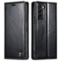 Crazy horse pattern card flip phone case for Samsung A55 with kickstand and magnetic closure, black colour.