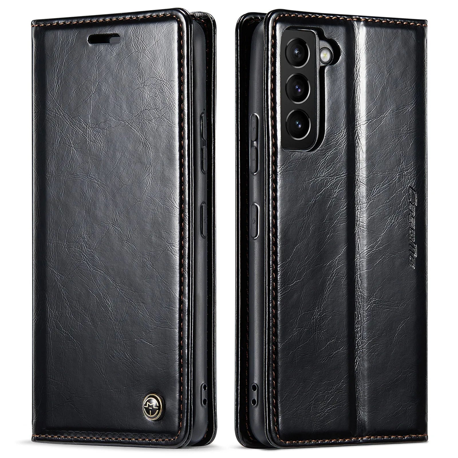 Crazy horse pattern card flip phone case for Samsung A55 with kickstand and magnetic closure, black colour.
