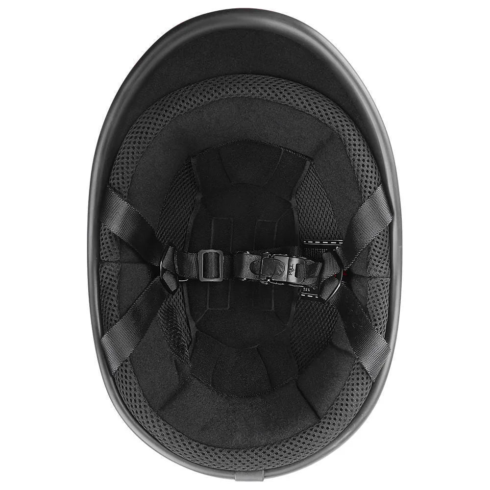 Retro style curved motorcycle helmet on stand, shown in matte black finish.
