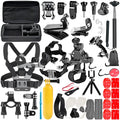 Black GoPro accessories set showing a chest strap, helmet mount, and compact tripod for Hero 4, 3, and 2 cameras