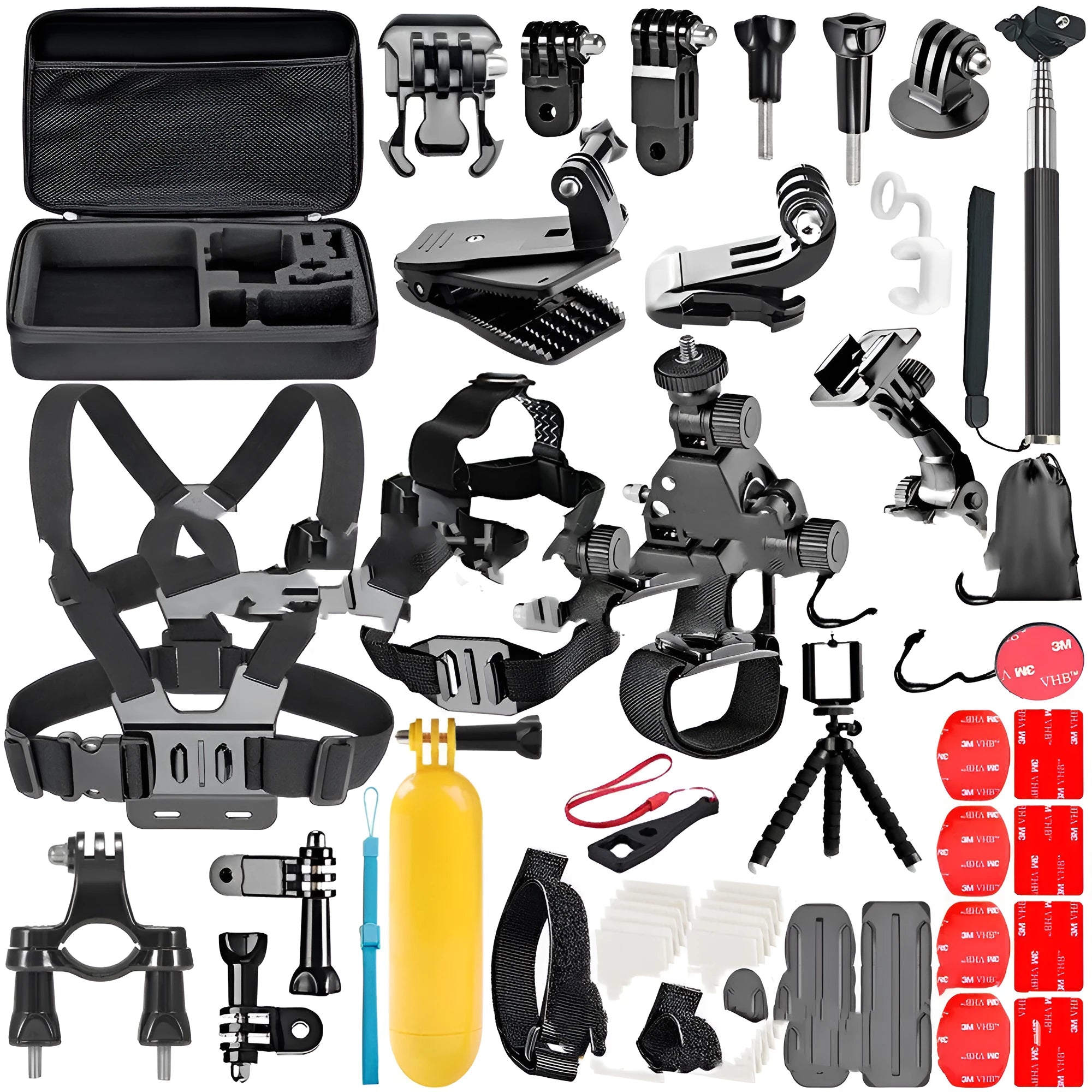 Black GoPro accessories set showing a chest strap, helmet mount, and compact tripod for Hero 4, 3, and 2 cameras