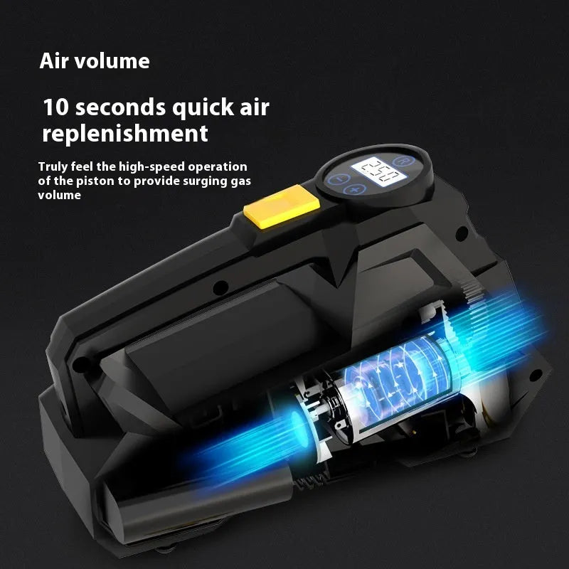 Black 12V portable digital tyre inflator with LED light and digital display, shown with its power cord and inflation hose.