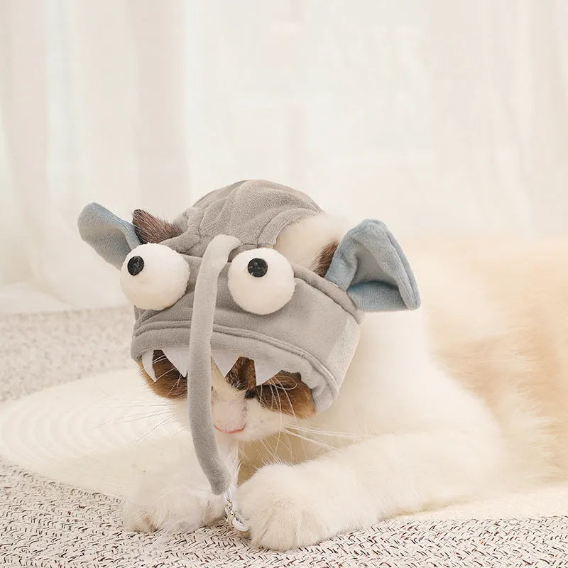 Adjustable head-mounted cat teaser toy with grey big eye fish attachment and dinosaur design