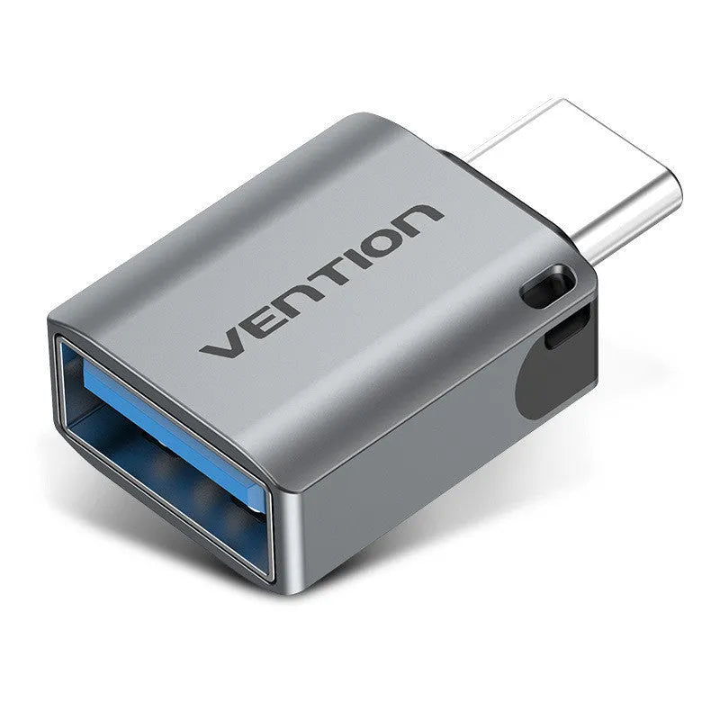 Grey aluminium USB 3.0 Type-C male to Type-A female OTG adapter with attached lanyard