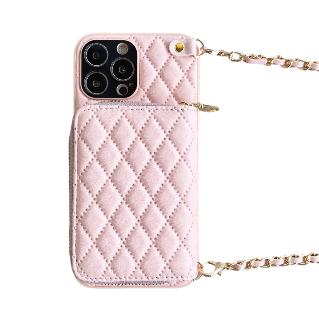 Lambskin phone case for Apple iPhone with card holder in white, showing front and back view