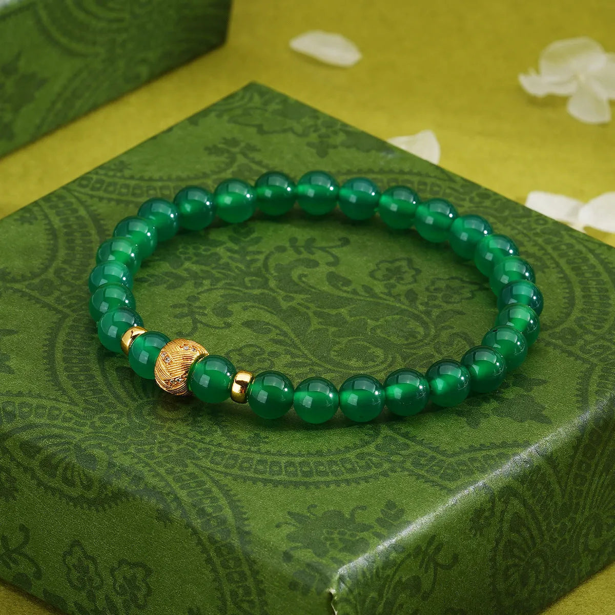 Green agate and sterling silver bracelet with yellow gold plating and 6mm geometry beads.