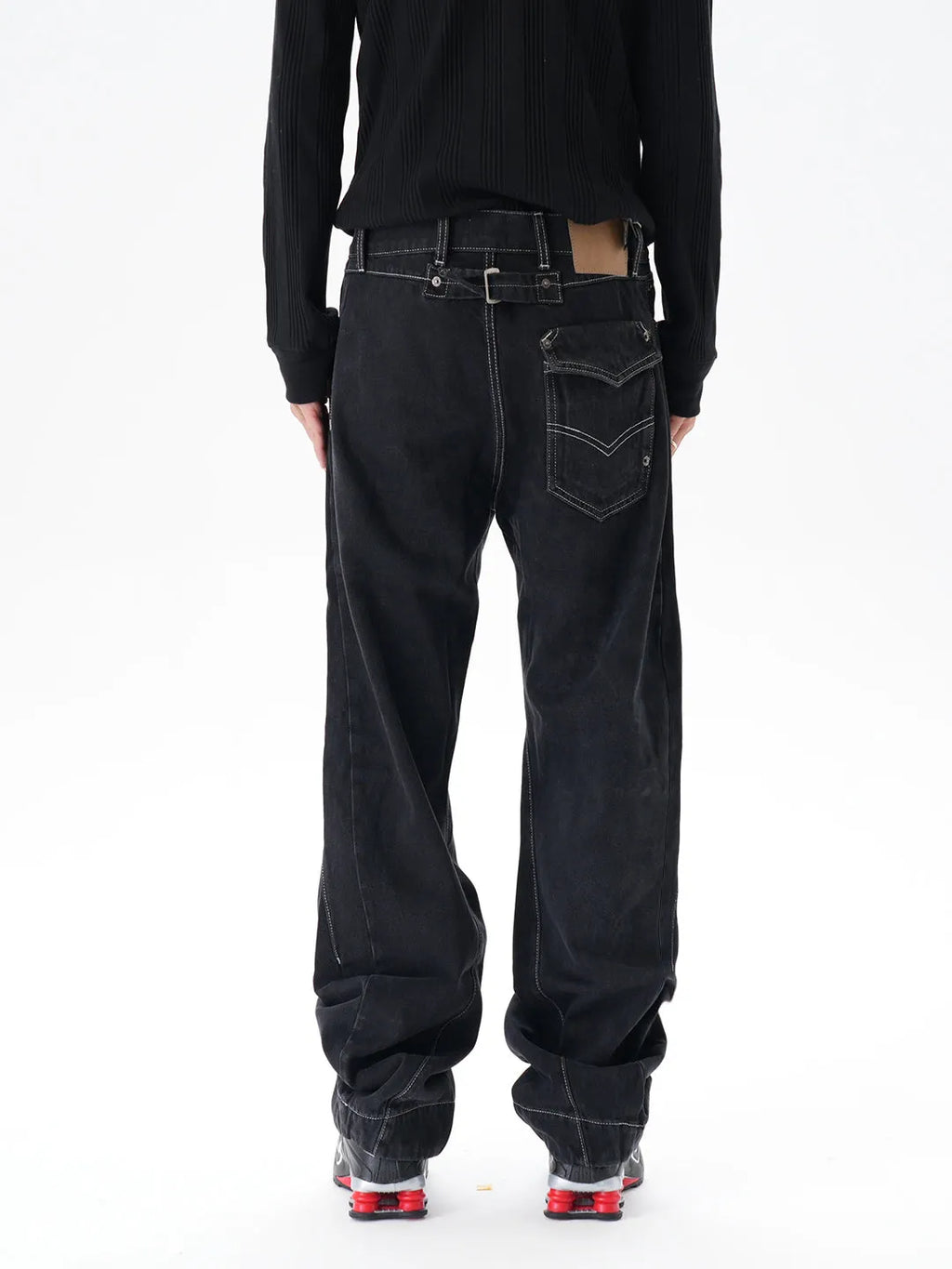 Contrast colour loose machete jeans men black denim wide leg trousers with zip fly