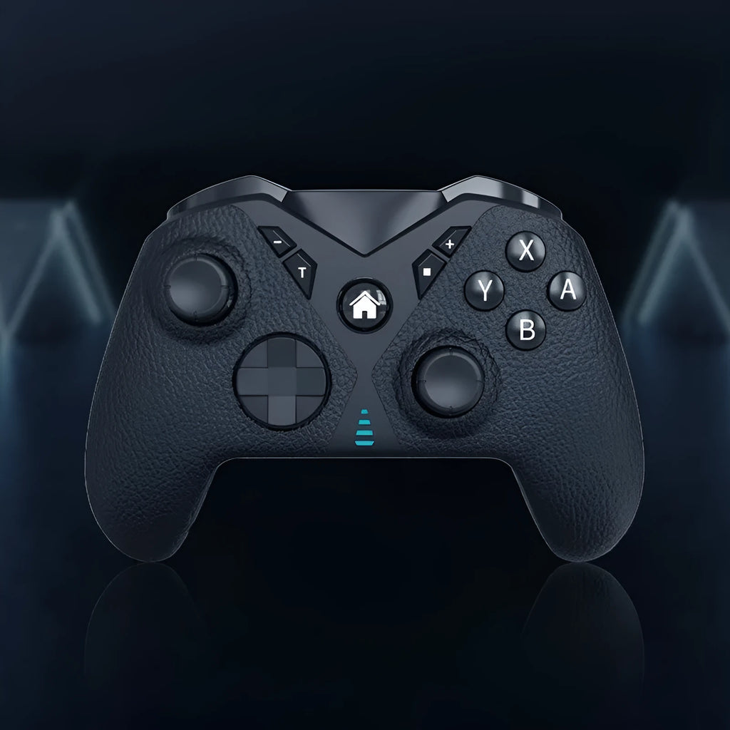 Black wireless game controller with leather-pattern texture on grips, shown next to a Type-C charging cable.
