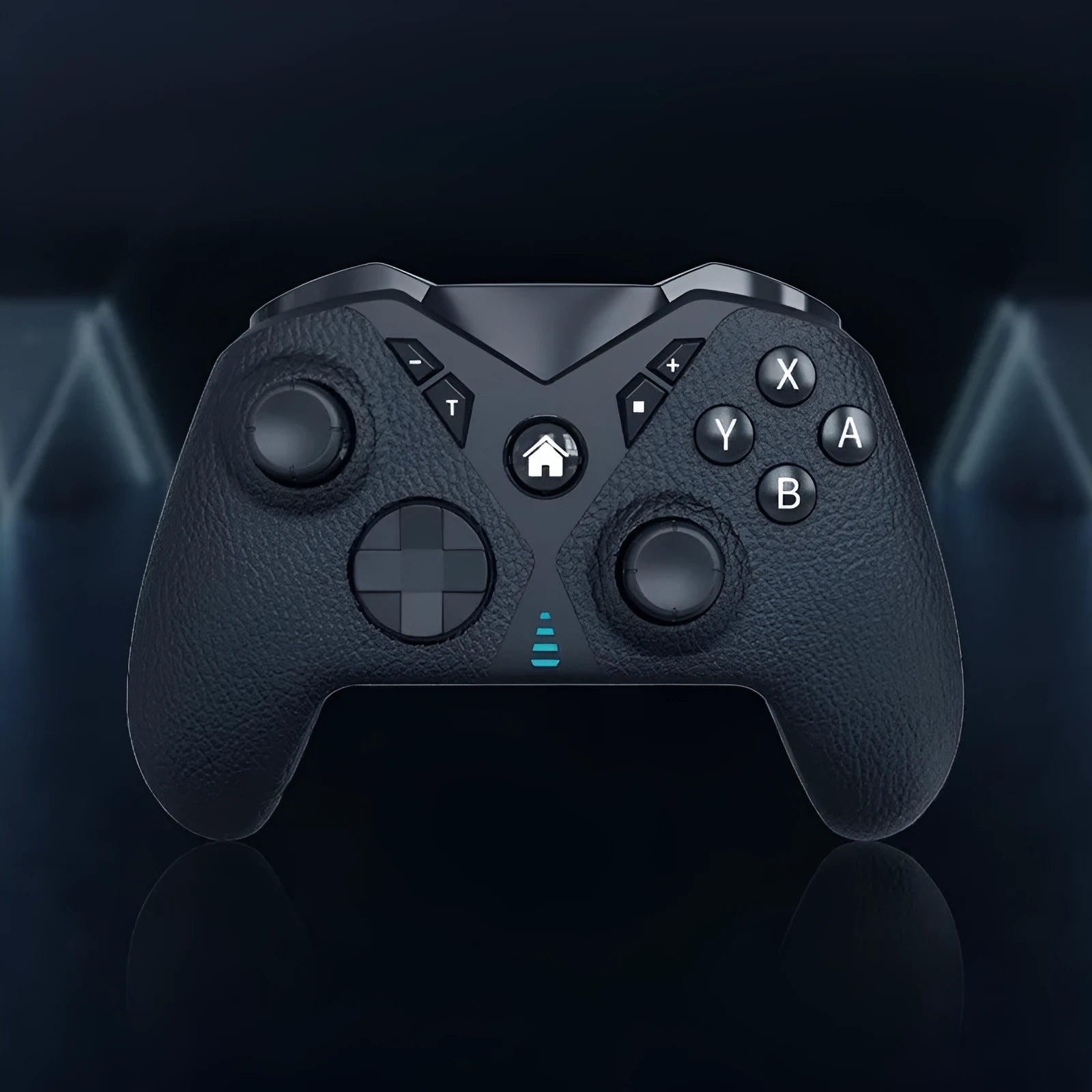 Black wireless game controller with leather-pattern texture on grips, shown next to a Type-C charging cable.