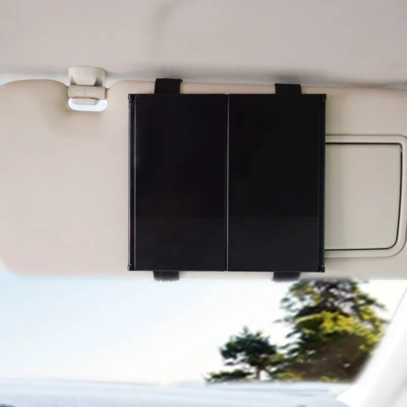 Silver car folding makeup mirror shown closed and opened, with ABS plastic frame and glass mirror.