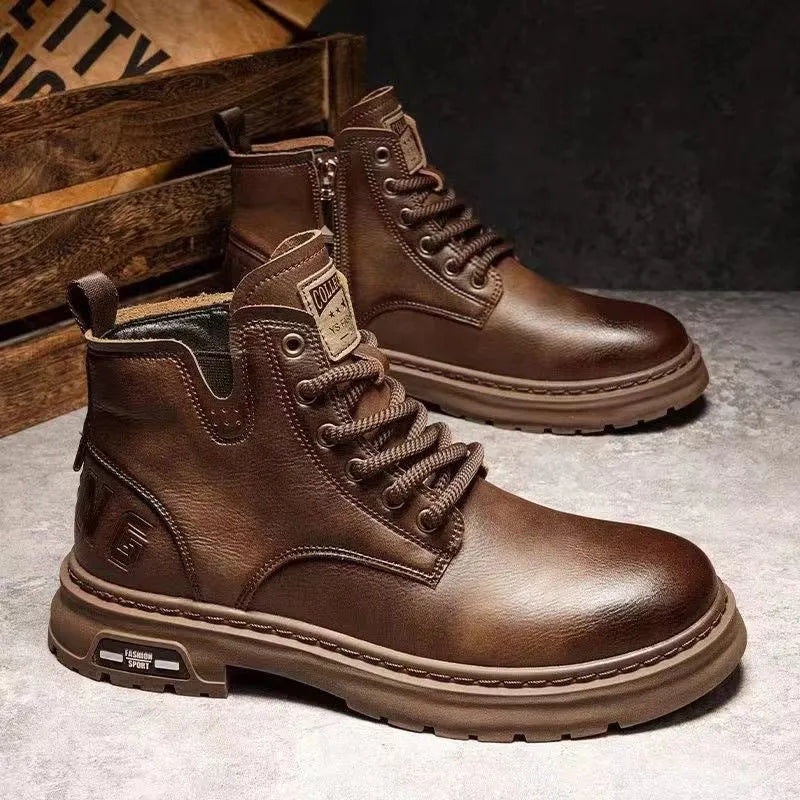 Retro British style men's ankle boots with round toe, solid colour, artificial PU upper, in black