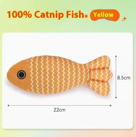 Blue, red or yellow catnip fish toy with natural filling for feline energy and dental health