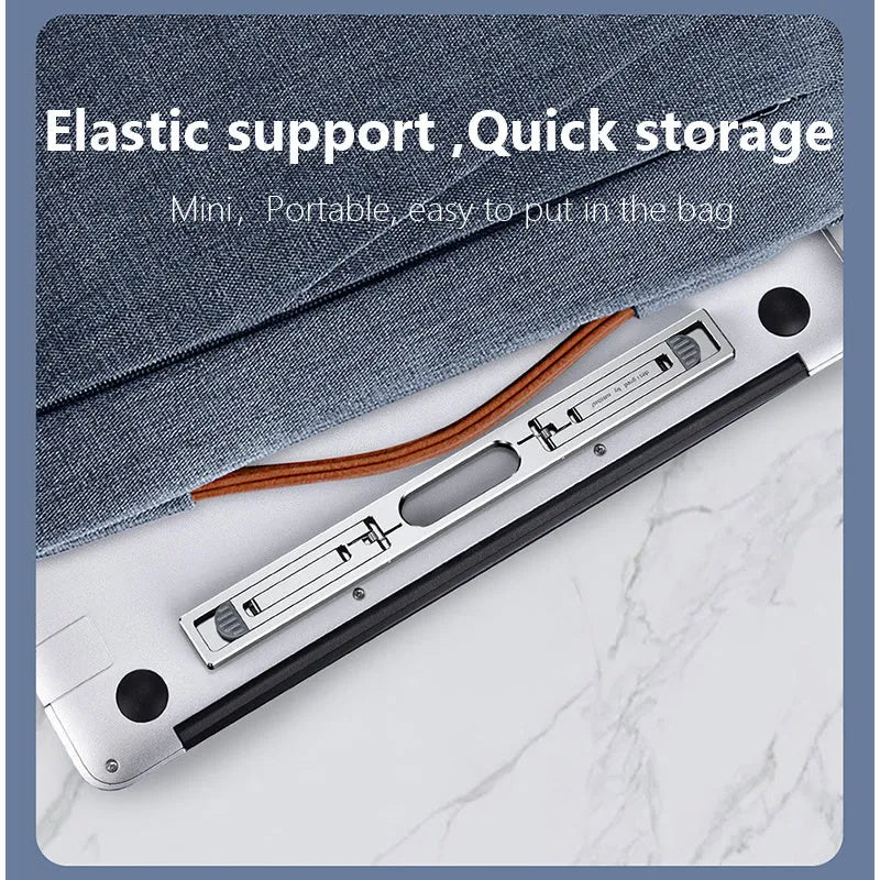 Aluminium laptop cooling bracket in silver colour, showing adjustable height mechanism for notebook support
