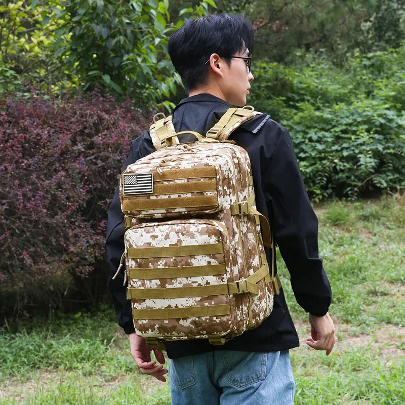 Large capacity waterproof travel backpack in camouflage oxford cloth, 56-75L, 48 x 31 x 31cm, army green and black options.