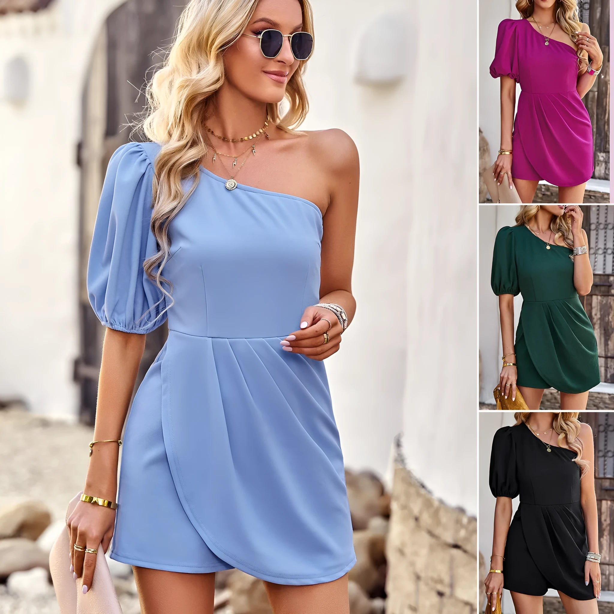 Solid colour one-shoulder knitted jumpsuit for women summer commute with lantern sleeve and three-quarter sleeve in black