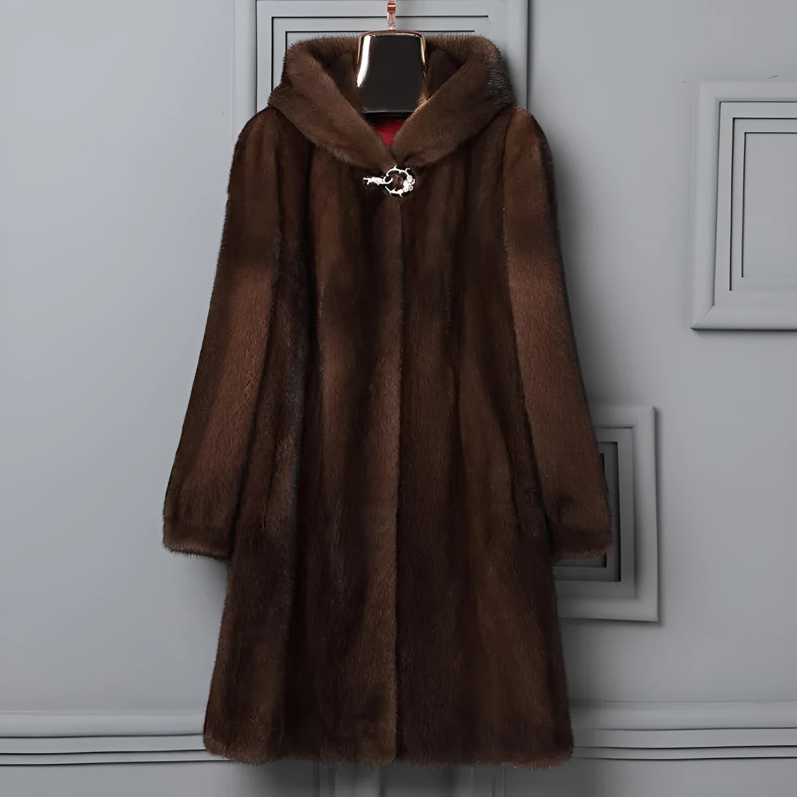 Women's black faux fur hooded casual coat for winter street fashion