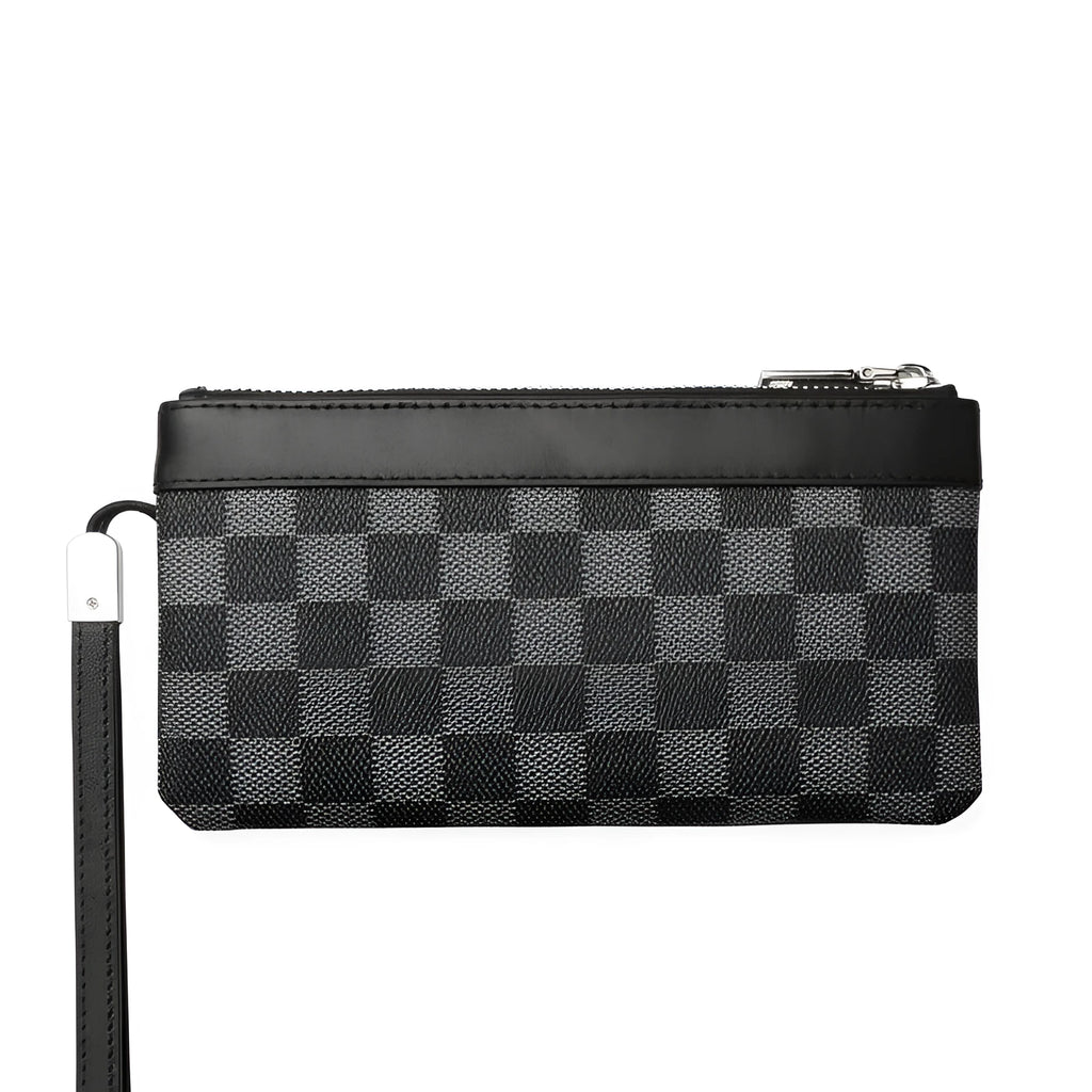 Black plaid clutch style men's leather wallet made from genuine cowhide, shown closed.