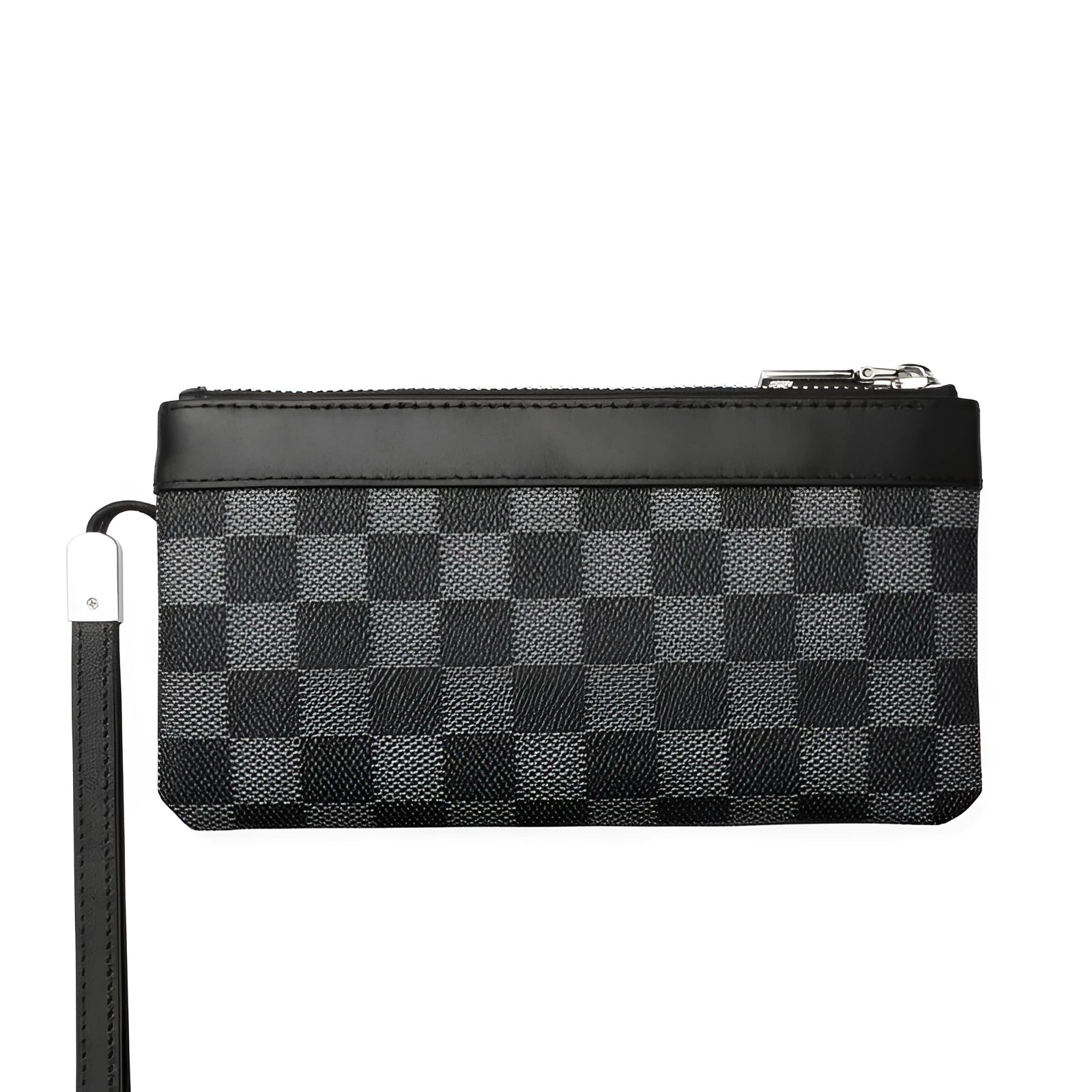 Black plaid clutch style men's leather wallet made from genuine cowhide, shown closed.