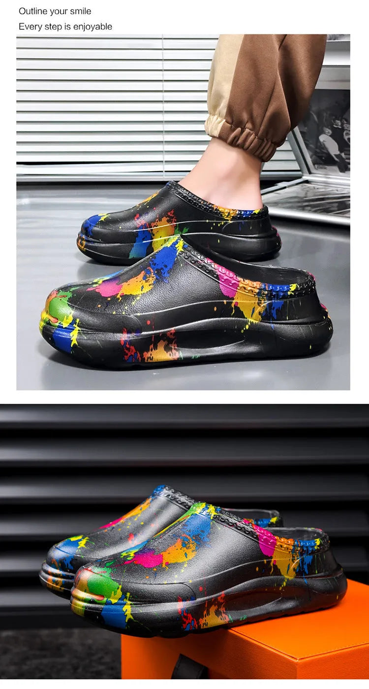Men's black waterproof EVA platform work shoes with a textured sole and toe cap.