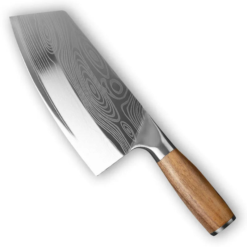 A stainless steel kitchen knife with a 320mm blade on a wooden cutting board.