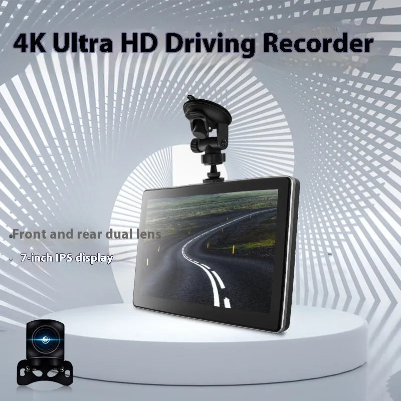 Black 7-inch wireless CarPlay touch screen car dash camera with wide-angle lens.