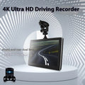 Black 7-inch wireless CarPlay touch screen car dash camera with wide-angle lens.