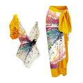 Yellow conservative one-piece swimsuit for women with tummy coverage, sleeveless design.