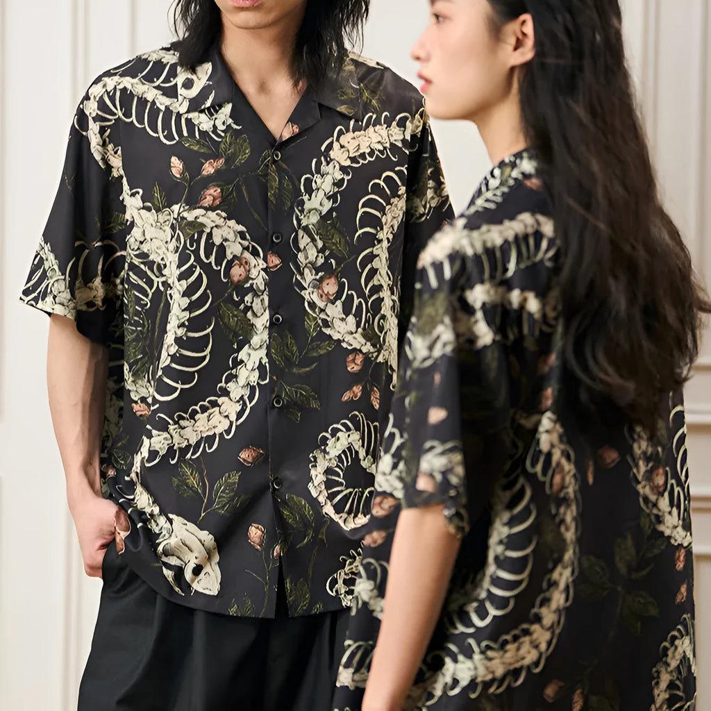 Short sleeve Cuban collar shirt with snake bone and floral pattern in a colour block style.