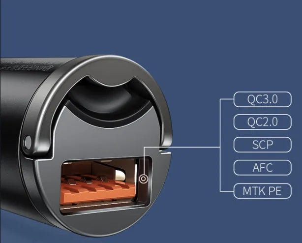 Grey Baseus mini car charger with single USB port and attached 1 metre cable.