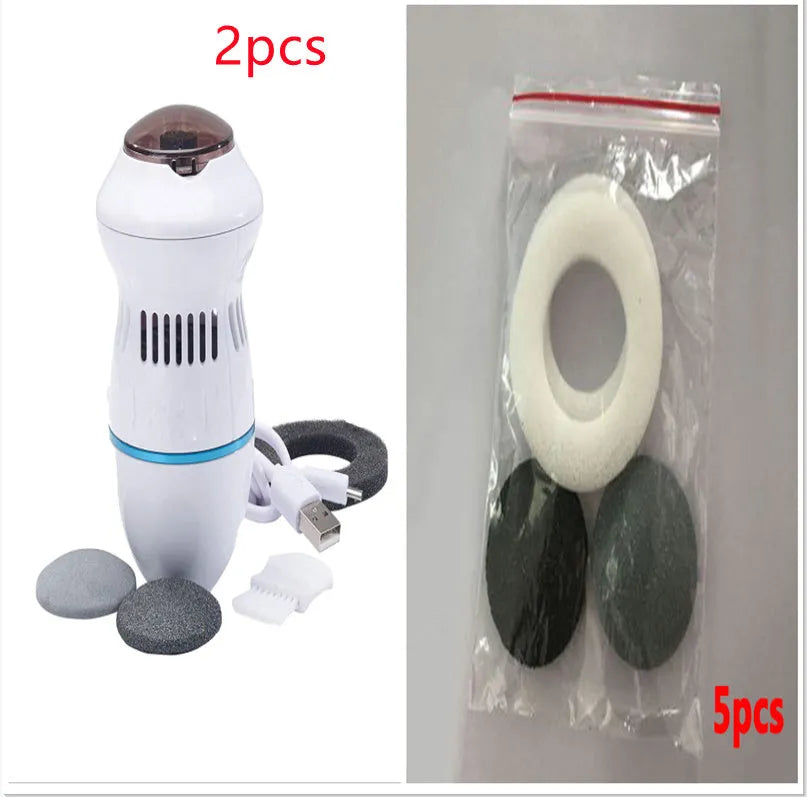 Beige electric foot file grinder with diamond grinding heads and USB charging cable