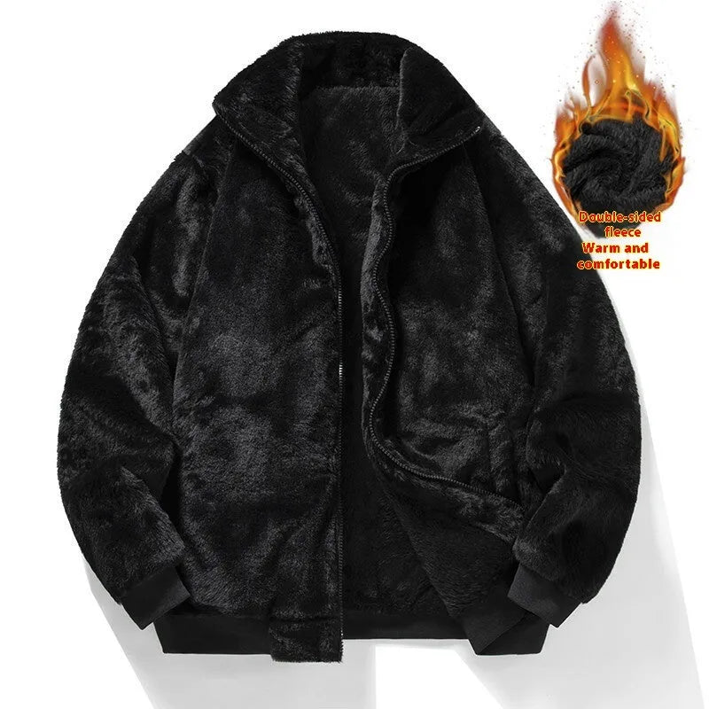 Men's velvet hooded stand collar jacket in black, Korean style long sleeve casual outerwear