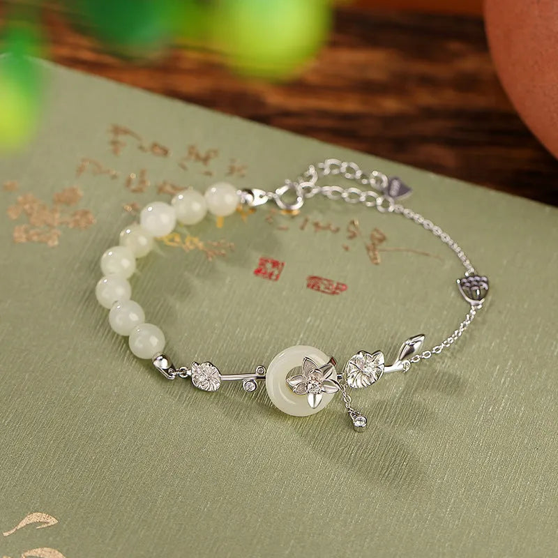Women's 925 silver peace buckle bracelet with Hetian jade lotus inlay in retro style
