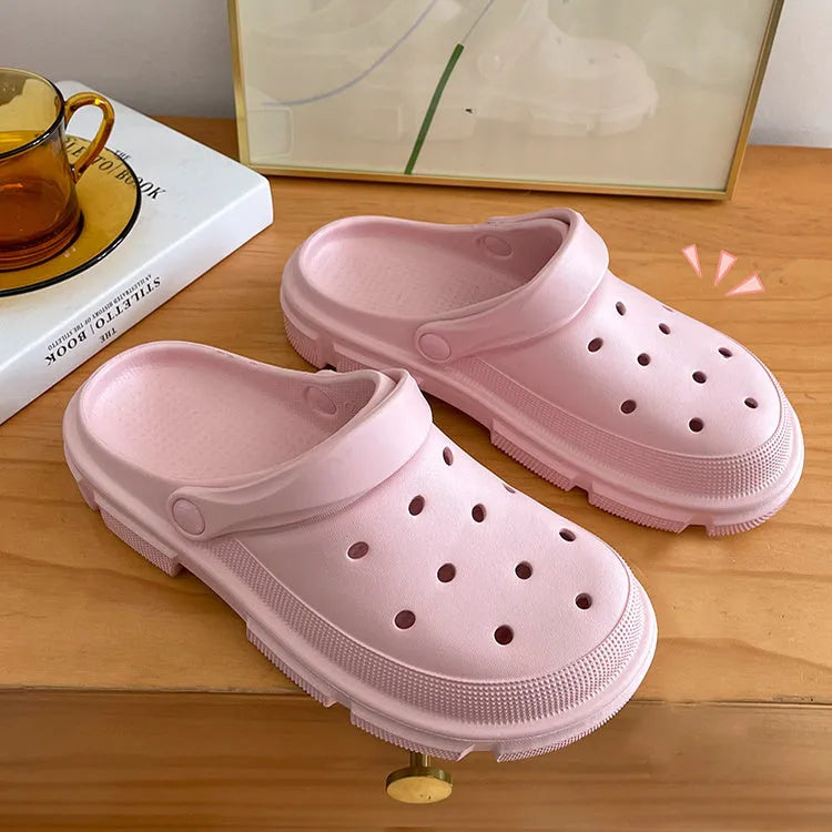 Unisex EVA thick sole flip-flop sandals in black, white, and pink for beach and garden