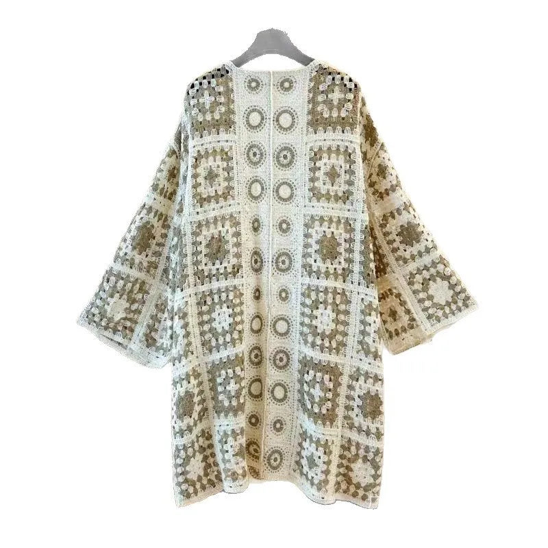 Ladies' loose embroidered thin knit cotton cardigan in black, front view