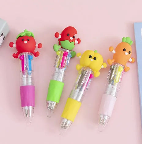Cartoon Cute Object four-colour press ballpoint pen with random design showing 0.7mm tip.